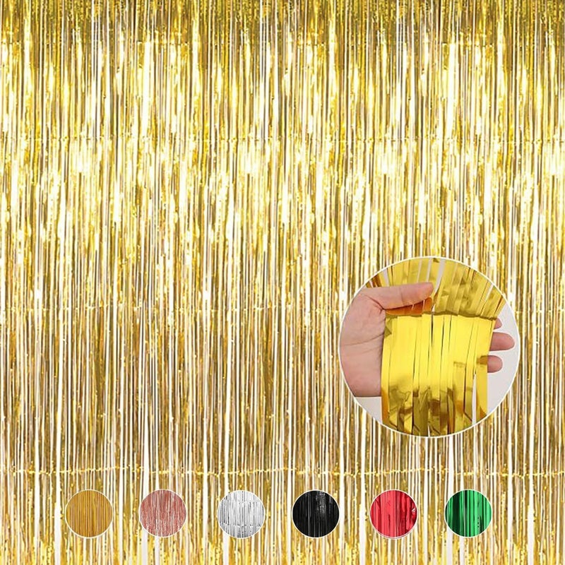YESON Gold Foil Fringe Curtains Metallic Tinsel Shimmer Curtain Party Backdrop Decorations,Pack of 4 - Image 1